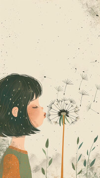 女孩吹蒲公英插圖
