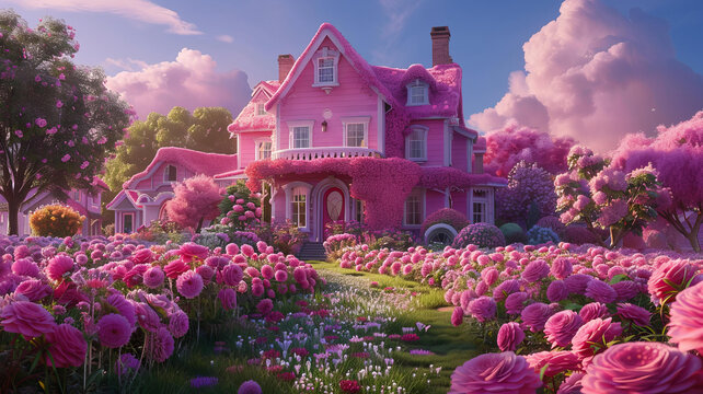 粉色花海中的粉色夢幻小屋