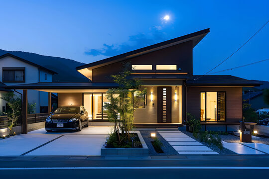 現(xiàn)代風(fēng)格帶車庫(kù)和花園的住宅夜景