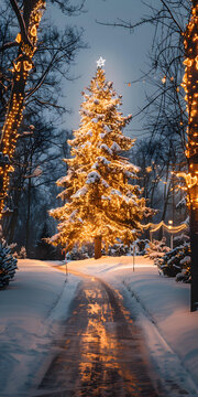 在白雪皚皚的公園里，一顆裝飾精美的圣誕樹矗立在中央