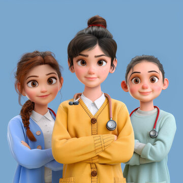 三位年輕的女醫(yī)生脖子掛著聽診器