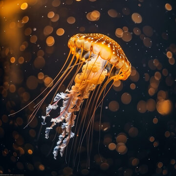 一只色彩鮮艷的橙色和黃色水母的特寫(xiě)鏡頭
