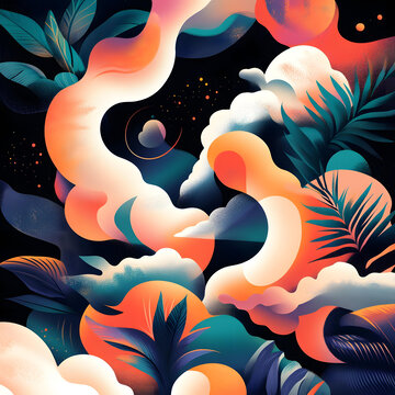 抽象熱帶夜晚星空云彩和星星