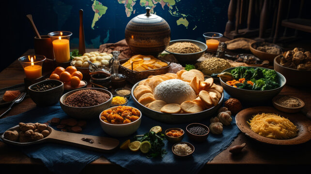 一張擺滿(mǎn)世界各地美食的桌子
