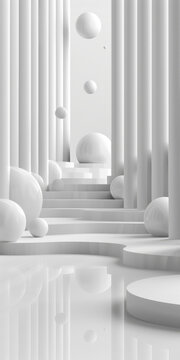 白色簡約建筑空間帶講臺和漂浮的球體
