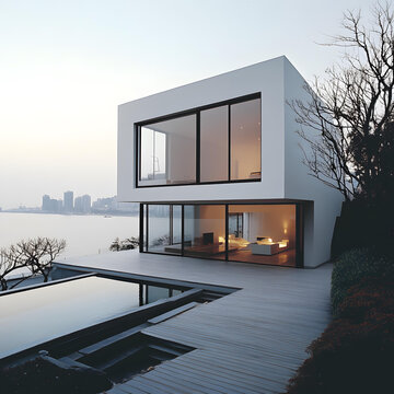 極簡主義現(xiàn)代建筑住宅，帶游泳池和海景
