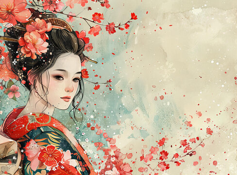身穿和服的美麗日本婦女與櫻花