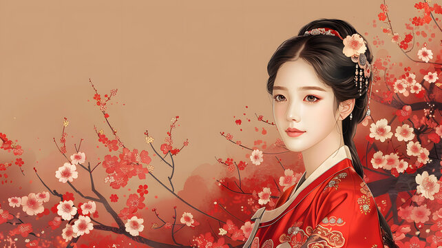 身穿紅色漢服的年輕女子畫像