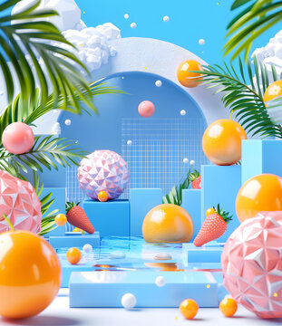 夏季水果 3D  藍(lán)色背景和棕櫚葉