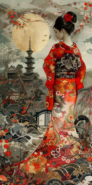 身著紅色和服的日本女性與寶塔和滿月背景