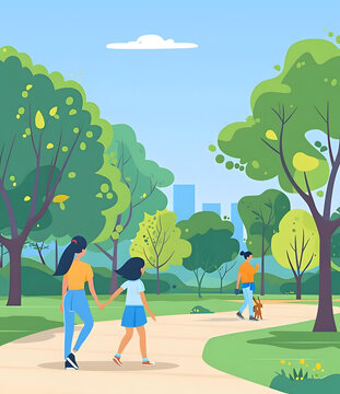 公園里散步的兩個女人和一個孩子