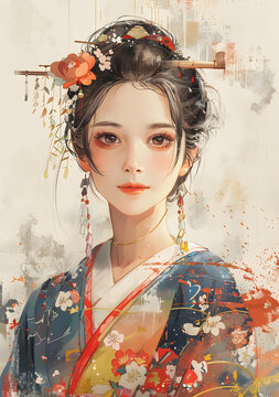 一個(gè)身穿和服的美麗日本女人的插圖，她的頭發(fā)上有一朵紅白相間的花朵。