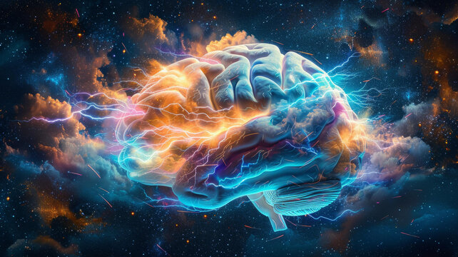 大腦與閃電和發(fā)光的星星