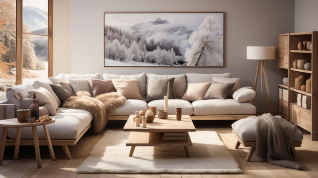 現(xiàn)代客廳內(nèi)部帶大組合沙發(fā)茶幾地毯和落地?zé)? style=