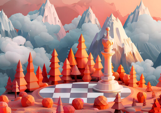 一個國際象棋的棋子矗立在一個超現(xiàn)實的風(fēng)景之中，四周是山脈和云朵