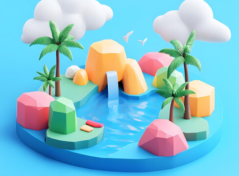 3D卡通風(fēng)格瀑布島嶼