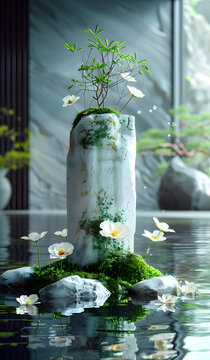 水中精致的盆景和鮮花