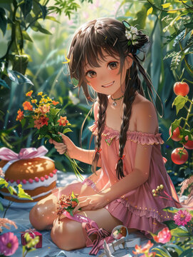 動(dòng)漫女孩被鮮花和禮物包圍