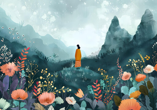 站在花海中的女人眺望遠山