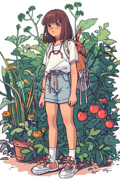 女孩背著背包站在花園里