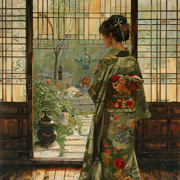 身著和服的女子在日本庭院的窗邊眺望