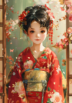 身穿和服的日本藝伎少女