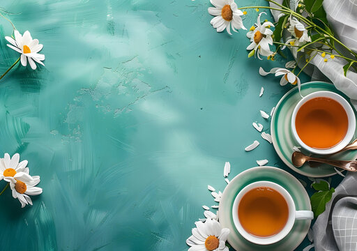 綠色的背景上放著茶杯和雛菊