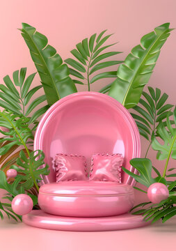 粉色熱帶3D產(chǎn)品展示背景，綠色植物