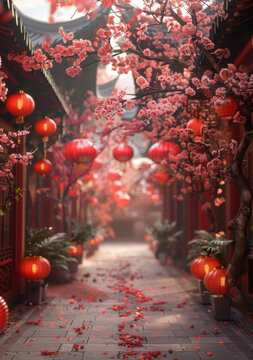 中國庭院紅燈籠櫻花