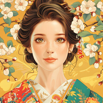 一個身穿和服的美麗女人的肖像，她的頭發(fā)上裝飾著鮮花