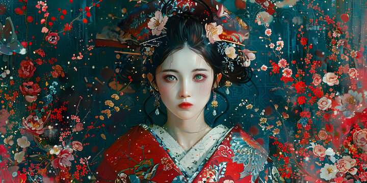 身穿紅色和服的年輕日本女性的肖像，她的頭發(fā)上裝飾著紅色和白色的花朵