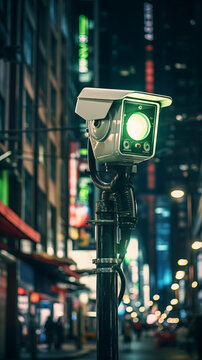 夜幕下的城市街道上綠色的交通信號燈