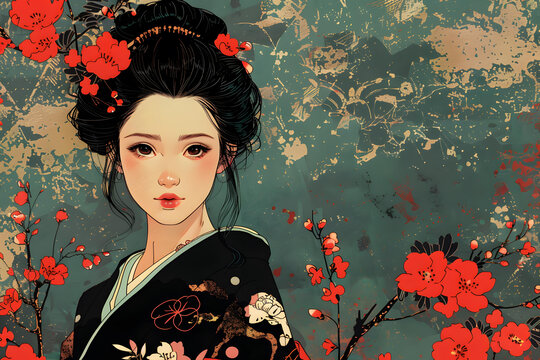 身著和服的美麗亞洲女性與櫻花