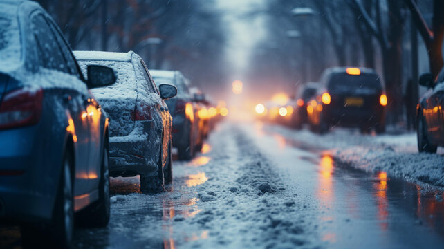 雪天街道兩側(cè)停滿汽車