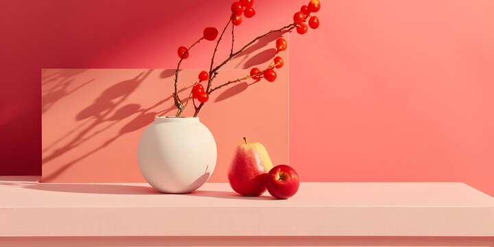 粉紅色桌面上的紅色漿果花瓶