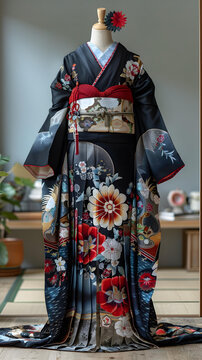 身穿黑色和服，手拿紅色白色花朵的女性