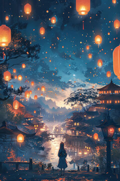 夜空下女孩站在河邊看著漂浮的紙燈籠