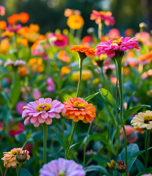 粉紅色黃色橙色百日菊花特寫