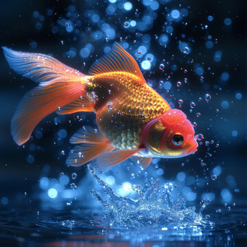 一條金魚從水中躍出濺起水花
