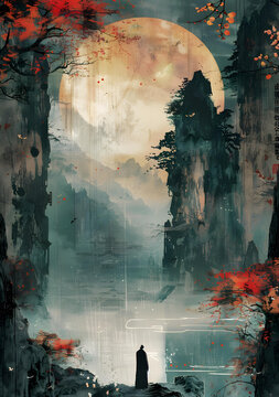 一幅描繪了中國(guó)山水畫(huà)的畫(huà)，畫(huà)中有一座山，山上有一個(gè)人，山腳下有一條河，河上有一個(gè)人在釣魚(yú)。
