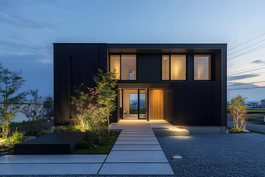 現(xiàn)代黑色住宅帶大型窗戶和石制走道