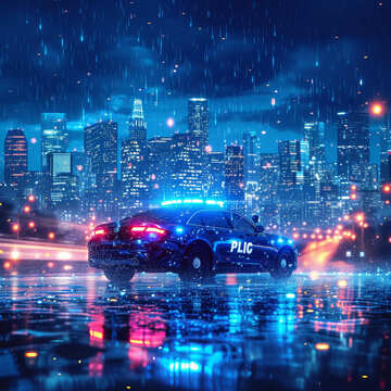 警車雨夜城市街道行駛