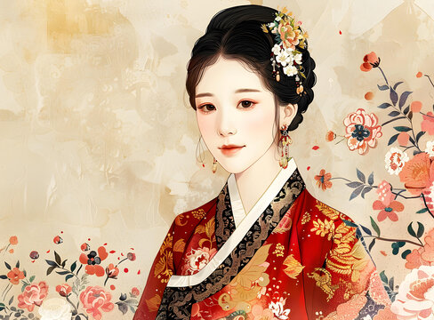 身穿韓國傳統(tǒng)服飾的年輕女子肖像