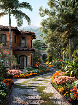 西班牙風(fēng)格庭院住宅與熱帶植物和鮮花