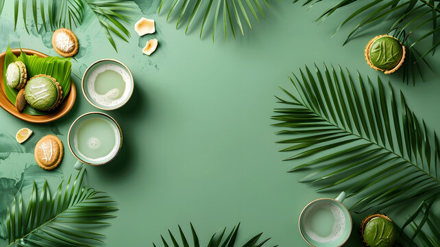 綠茶拿鐵與棕櫚葉和餅干