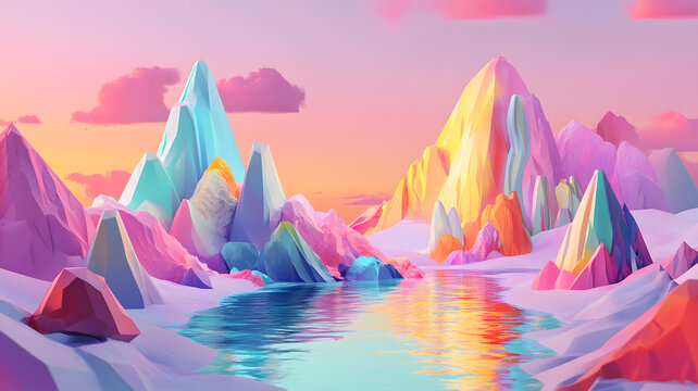 多彩抽象山脈景觀，天空和湖泊