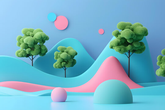 藍(lán)色和粉色背景下的3D綠色樹(shù)木景觀
