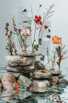 石頭和鮮花與鏡子背景