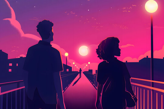 粉紅夕陽(yáng)下，兩個(gè)背影漸行漸遠(yuǎn)