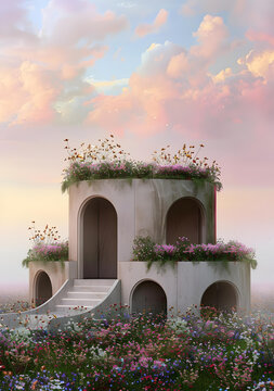 粉色天空下的花海中簡約的混凝土建筑